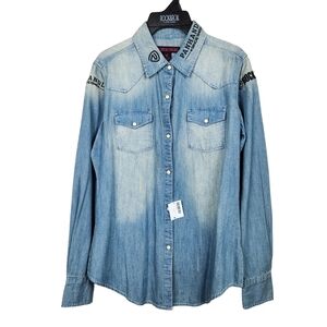 Rock & Roll Cowgirl Panhandle NWT Denim Pearl Snap Western Shirt Women's Medium